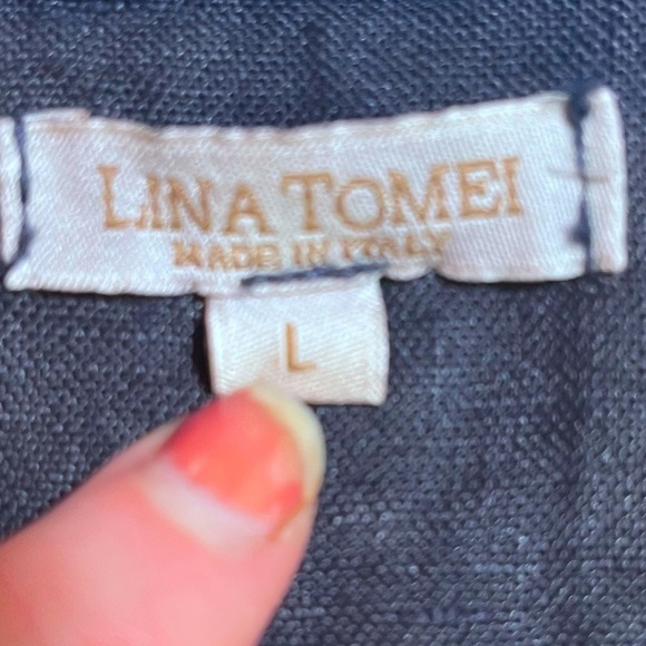 LINA TOMEI 100% Linen Blue Sleeveless Dress Beaded Neckline Side Pockets Size L - Picture 4 of 13